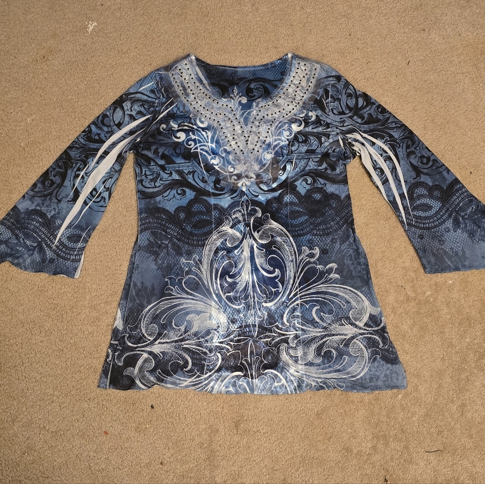 Women's Blue Long Sleeve Tunic Style Top